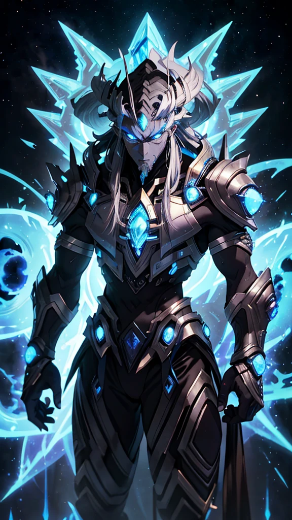 naughty man;
masculine;
brawny;
Platinum colored hair;
long and spiky hair;
bluish gray skin (avatar type);
Plasma veins;
Black colored eyes;
Cao Cao;
space background;
Kaiju humanoid