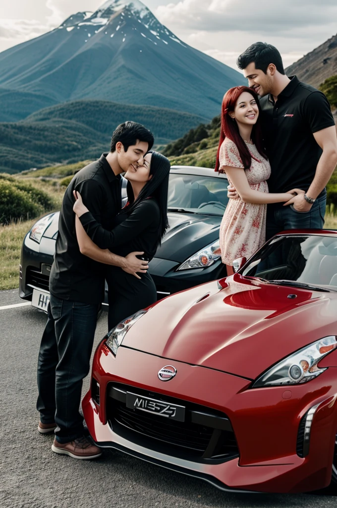 anime of a black-haired man and his red-haired wife hugging with their son in front of a mountain , they have their car brand nissan 370z for wallpaper