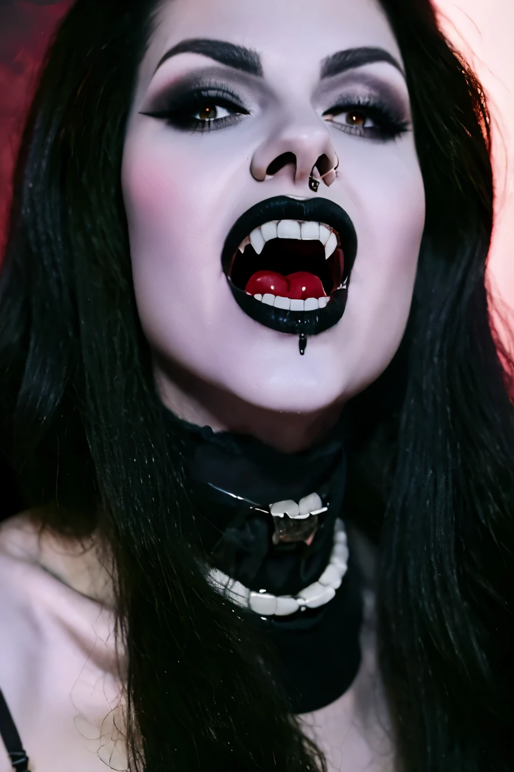 (masterpiece, top quality, best quality, official art, beautiful and aesthetic:1.2), (black and white:1.5), a pale Vampire goth girl with white skin, long hair flowing, black hair with fringe, ((open mouth, vampire teeth, angry face)), (((perfect vampire teeth))), blood dripping from mouth , demon behind in all black, occult, oil painting:1.5, gloomy, holy, dark backgroound, black background, a dark shadow behind.