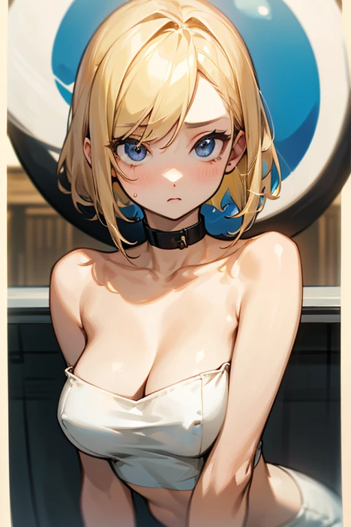 a beautiful blonde haired girl 、Tube top、Beautiful clavicle、