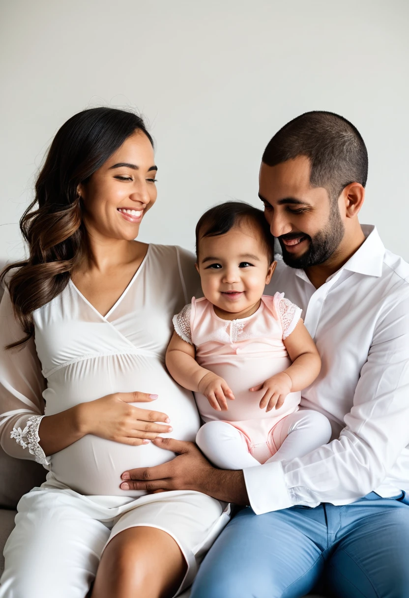 A heartwarming family image with two pregnant sisters in their 5th month, one Middle-Eastern in a semi-transparent pink body outfit, the other Hispanic in a likewise garb. The Middle-Eastern sister is comfortably sitting on the lap of her South Asian father, while the Hispanic sister is warmly nestled in her Caucasian brother's lap. Happiness and peace emanate from their expressions, their hands tenderly resting on their baby bumps. The fathers-to-be, one Black and the other White, stand up right, their faces lighting up with pride and affection as they admire their partners. The setting is a beautifully illuminated homely living room that reverberates with feelings of familial bond