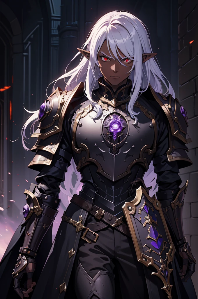 masterpiece, best quality, ultra high res, dark theme, 1boy, (dungeonpunk armor), (mechanical steampunk armor), (wearing armor), fantasy illustration, dark skinned, human, upper body, portrait, red eyes, long white hair, half-drow, pointy ears, serious face, young man, dramatic lighting, purple hue, art by Kinema Citrus