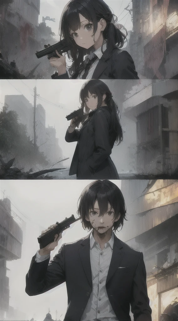Highest quality, movie quality, scene on the verge of death, ruins, smoking, blood, coat, man (35 years old, tsuntsun head, black hair, coat in a suit, holding a gun in hand, lying on back), rain, fog