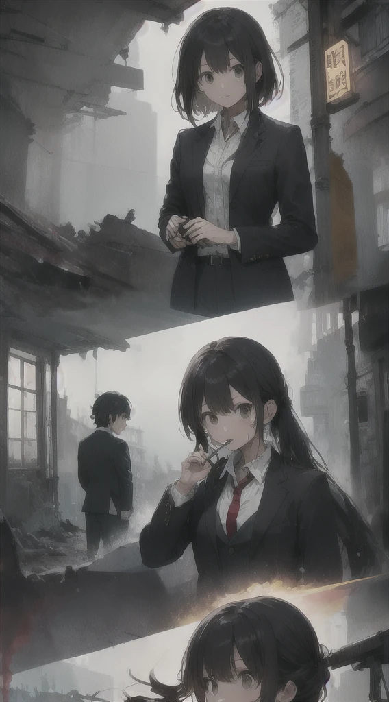 Highest quality, movie quality, scene on the verge of death, ruins, smoking, blood, coat, man (35 years old, tsuntsun head, black hair, coat in a suit, holding a gun in hand, lying on back), rain, fog