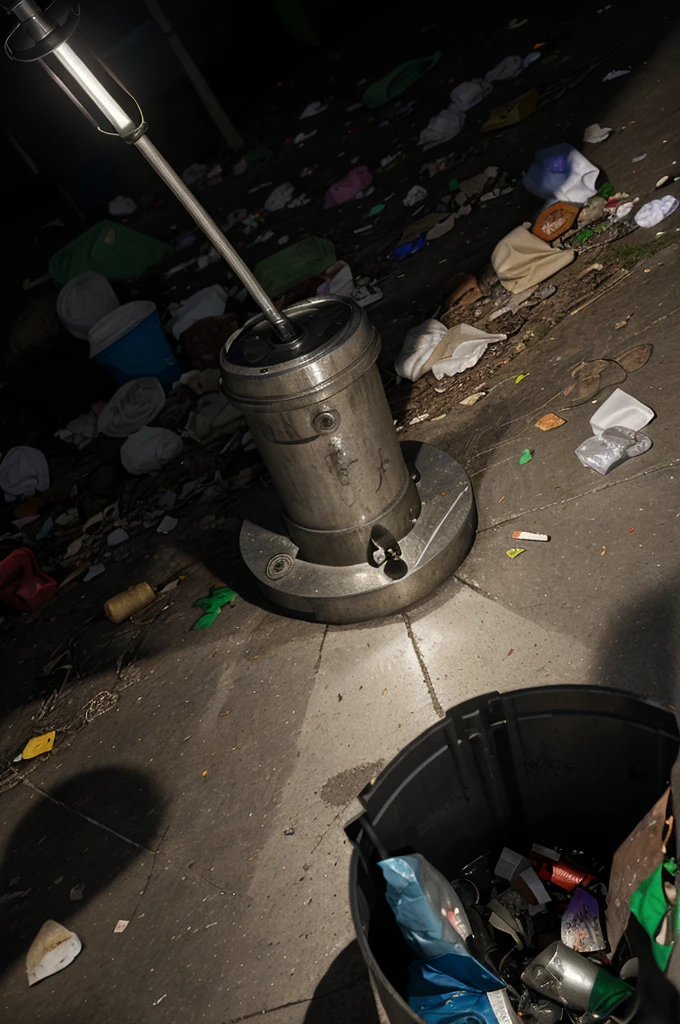 A spotlight shines on a garbage