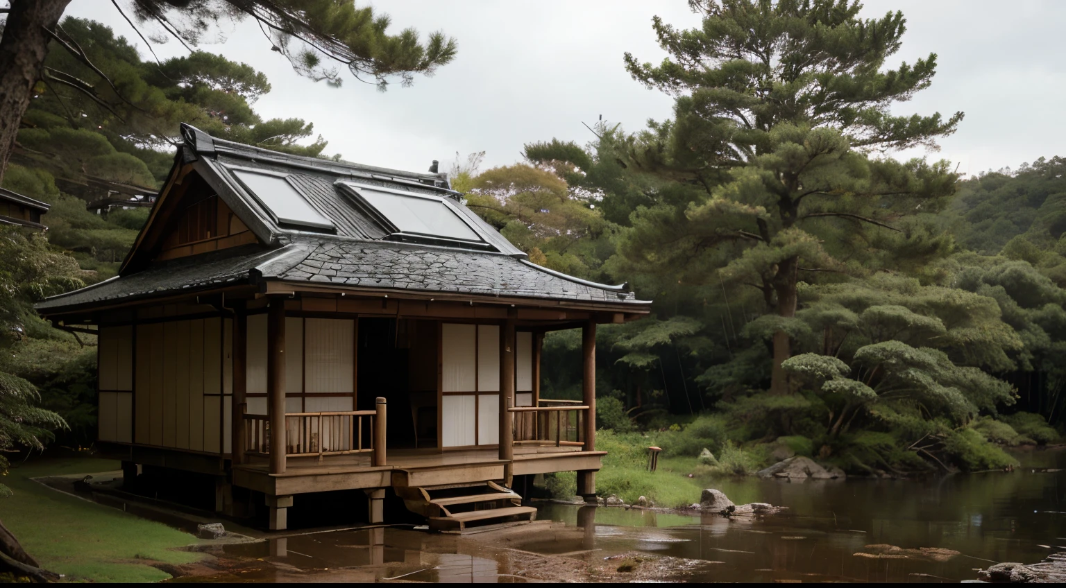 rain，in the forest，There is a Japanese wooden house with large windows and lights on by the lake