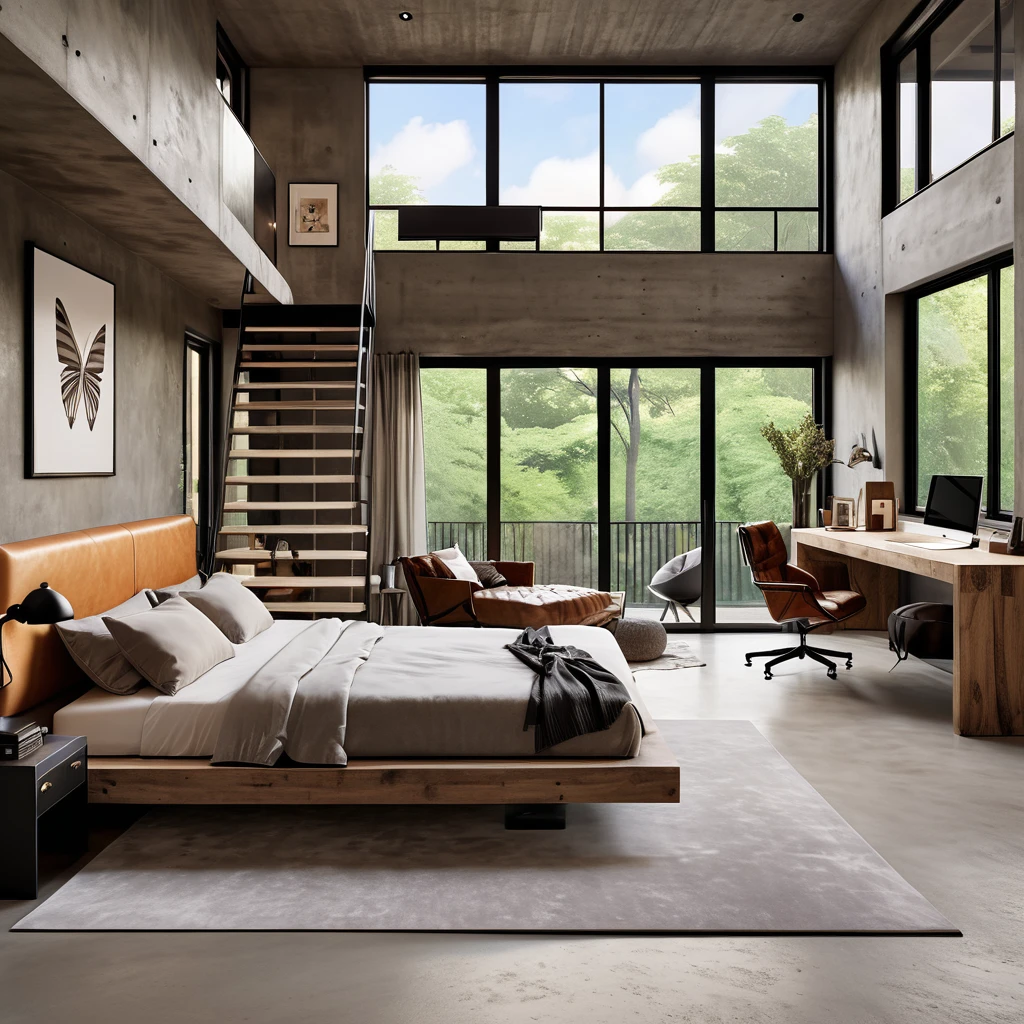 Design a modern and stylish loft bedroom with a minimalist aesthetic. The room features a lower sleeping area with a bed and a sitting area with two leather butterfly chairs and a small coffee table. A staircase leads to an upper loft area with another bed. The space has a mix of concrete and wooden textures, creating a sophisticated and contemporary look. Large windows and a skylight allow natural light to flood the room, enhancing the open and airy atmosphere. Add a few minimalist decorative items to complete the elegant design.