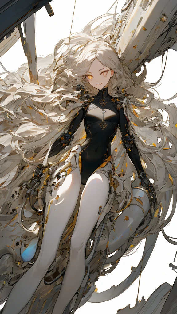 masterpiece， Highest quality， Observe the audience， length Hair， Fresh， （Wavy Hair：0.7），
White Theme， （（（（Grey Ruins，）））），Human whole body，Sheer leotard，Front view，Golden Eyes，Bright pupils，length, Pure white straight hair，Small breasts、A light smile，（Full Shot），Ultra-high resolution，Accurate，Very detailed，Award-winning，Attention to detail，Highest quality，8K、High Leg、mysterious、Quiet abandoned cityscape、mechanical