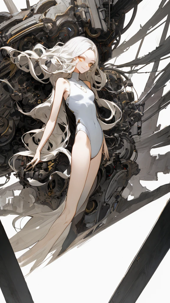 masterpiece， Highest quality， Observe the audience， length Hair， Fresh， （Wavy Hair：0.7），
White Theme， （（（（Grey Ruins，）））），Human whole body，Sheer leotard，Front view，Golden Eyes，Bright pupils，length, Pure white straight hair，Small breasts、A light smile，（Full Shot），Ultra-high resolution，Accurate，Very detailed，Award-winning，Attention to detail，Highest quality，8K、High Leg、mysterious、Quiet abandoned cityscape、mechanical