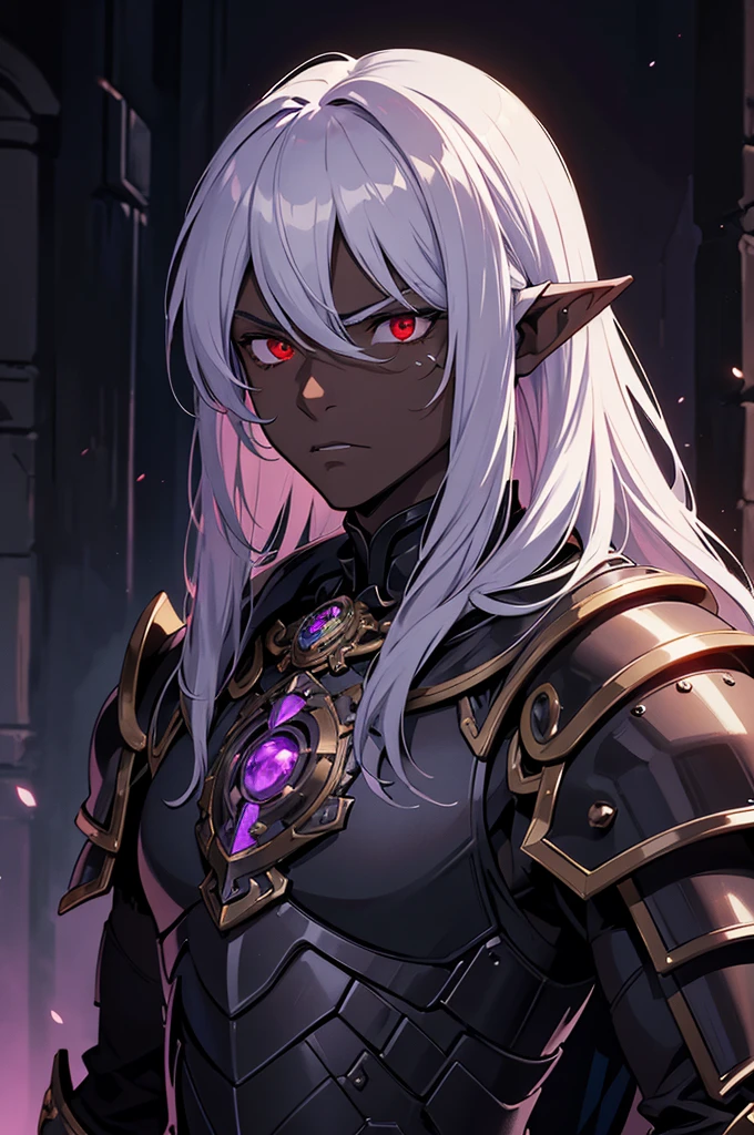 masterpiece, best quality, ultra high res, dark theme, 1boy, (dungeonpunk armor), (mechanical steampunk armor), (wearing armor), fantasy illustration, dark skinned, human, upper body, portrait, red eyes, long white hair, half-drow, pointy ears, serious face, young man, dramatic lighting, purple hue, art by Kinema Citrus