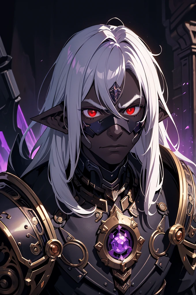 masterpiece, best quality, ultra high res, dark theme, 1boy, (dungeonpunk armor), (mechanical steampunk armor), (wearing armor), fantasy illustration, dark skinned, human, upper body, portrait, red eyes, long white hair, half-drow, pointy ears, serious face, young man, dramatic lighting, purple hue, art by Kinema Citrus