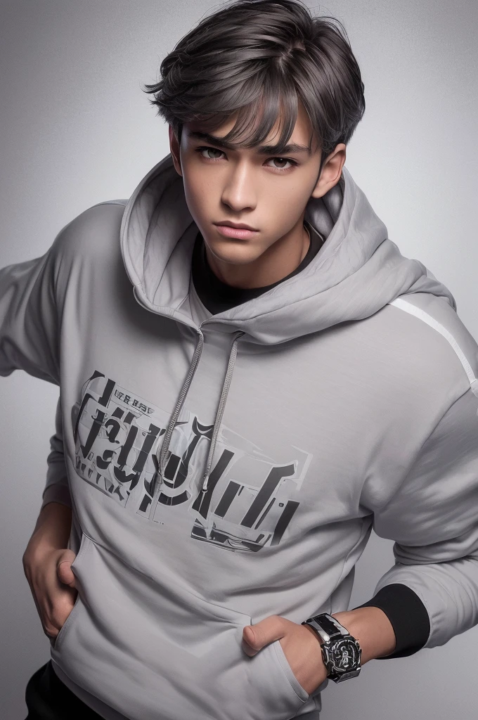(8k high quality), (2d high quality), (high anime quality), (teenage handsome young boy), shining shaggy grey hair), (beautiful grey eyes), (smooth fair skin), (beautiful arched eyebrow), (silver wristwatch), (white t-shirt with different printed design), (gray-white contrast trim bomber jacket with 2 in 1 hoodie), (black hiking/combat tactical pants with white-gray lines)