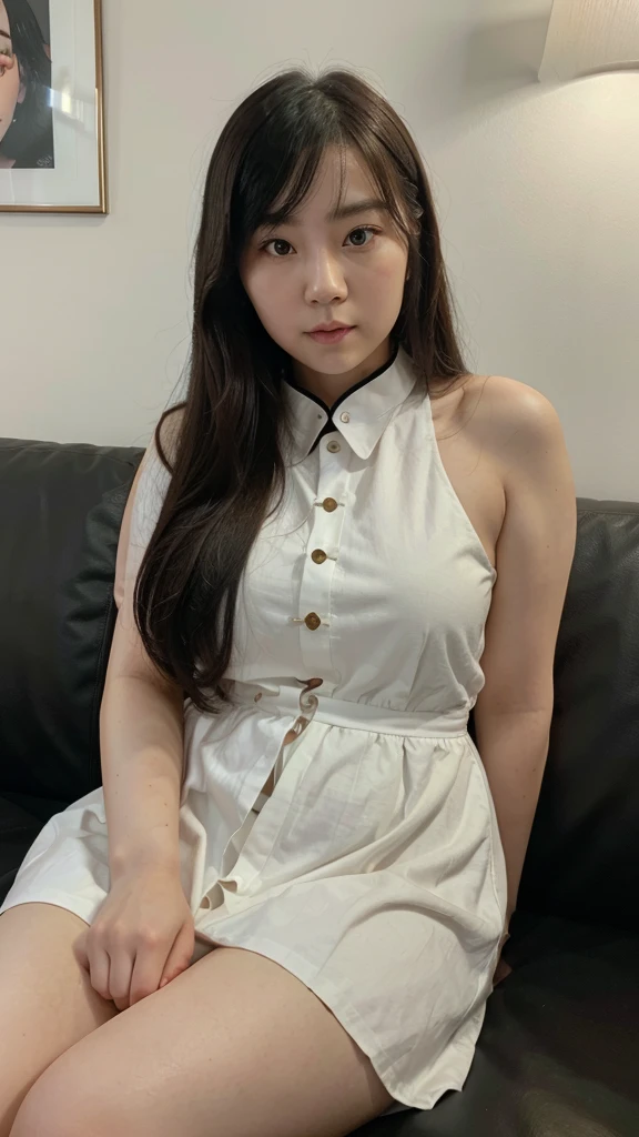  1 Girl, 30 years old，Chinese Face，Super white skin，Full chest, plump, slightly fat，High collar dress，Sitting on the sofa，Long hair