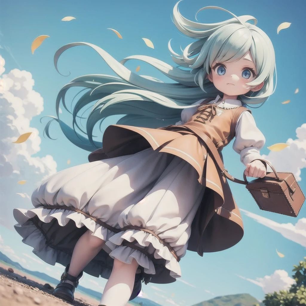 Girl 、Medieval dress with panniers、Fabric Realism、Low - Angle、Wearing bloomers、I can see the drawers、Pull up the hem of your dress with your hands、Strong winds、blue sky