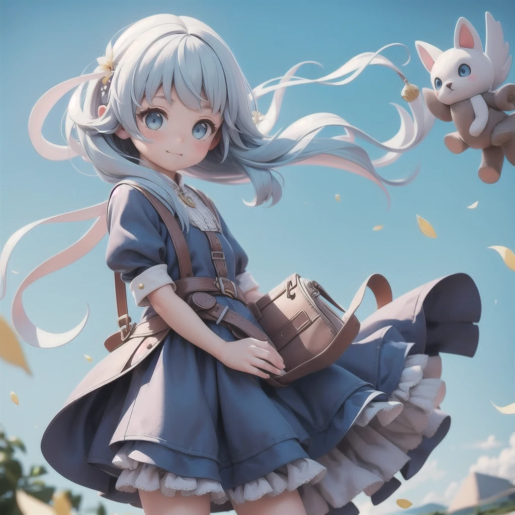Girl 、Medieval dress with panniers、Fabric Realism、Low - Angle、Wearing bloomers、I can see the drawers、Pull up the hem of your dress with your hands、Strong winds、blue sky