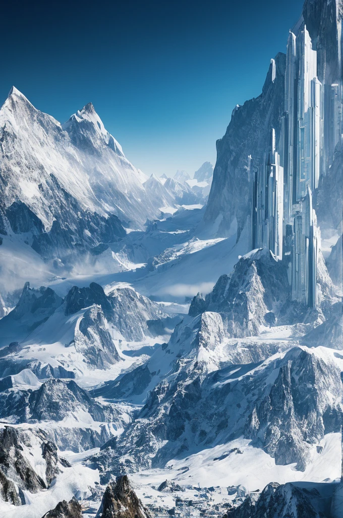 Skyscrapers line the mountain，100 times the height of the building，Huge glacial mountain，Tall skyscrapers，Different world，ＳＦ，cyber punk，Best Quality，8K，Future City，Masterpiece，Dream world，夢のFuture City，romantic，perfection，A world beyond imagination，Utopia，Great Heaven