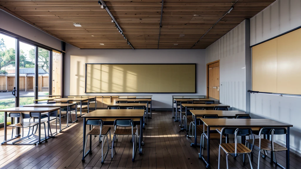 Classroom, multiple desks and Charis, spacious, chalkboard, blackboard at front of the class, teachers desk at the front of room, light wood colors, golden, no people, empty classroom, straight on POV from back of class, no POV angles, linear