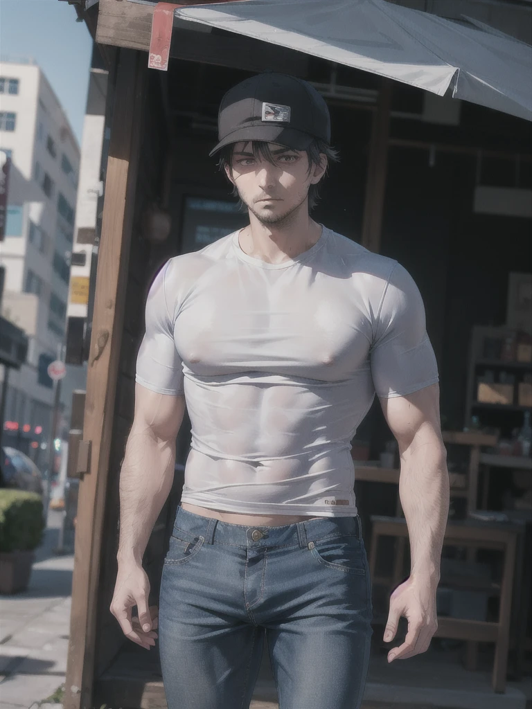 30-year-old man, tired eyes and dark circles, dark-skinned, tattered clothes, gray shirt, blue pants, black hat, muscular, tired of life.