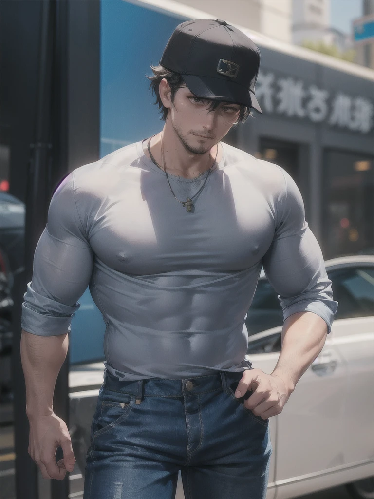 30-year-old man, tired eyes and dark circles, dark-skinned, tattered clothes, gray shirt, blue pants, black hat, muscular, tired of life.