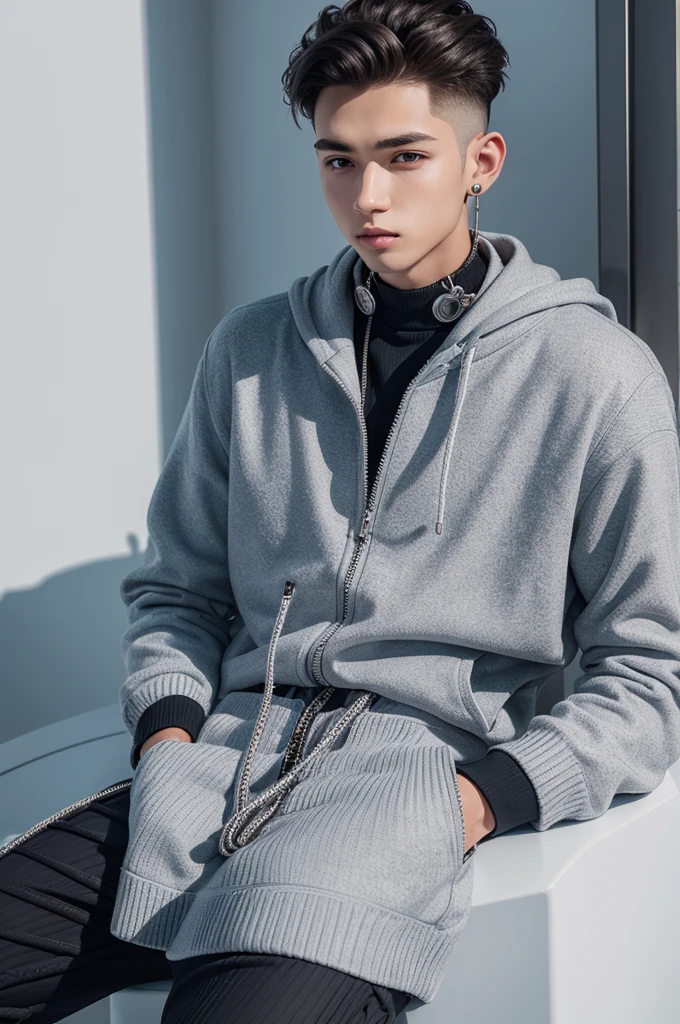 Young man wearing ice silver cord