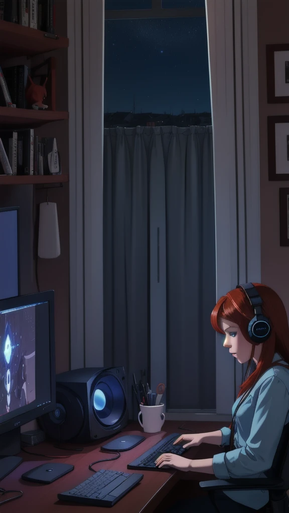 lofistudy, 1girl, from side, typing, redhead, blue eyes, chair, computer, headphones, indoors, keyboard_\(computer\), laptop, monitor, mouse_\(computer\), monitor, curtains, night, window, milan background