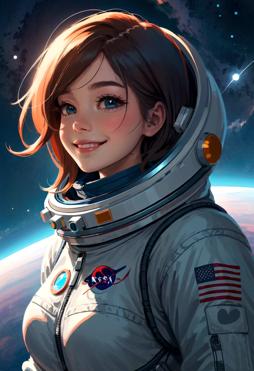 best quality, high resolution, Unique image, Concept Art, Night Sky, Star, moon, girl, Smile, hair, Eye, Mouth, hand, foot, clothing, jeans, t-shirt, scarf, have, space, spaceship, spacesuit, astronaut, planet, galaxy, beautiful, Lovely, Comfort, Nature, Dreamy, easy, shiny, charming
