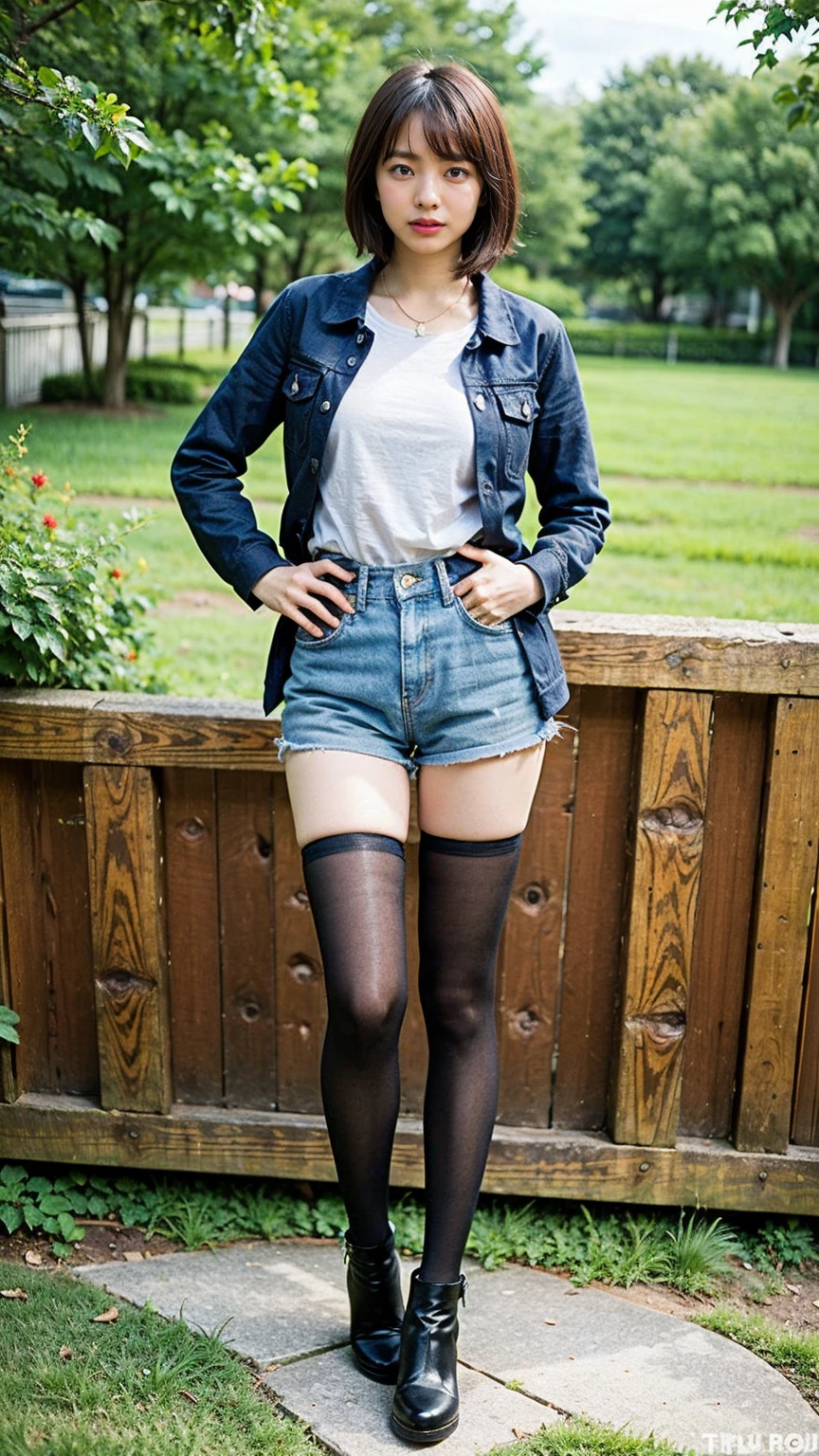 (8K、RAW Photos、Highest quality、masterpiece:1.2)、(Realistic、Realistic)、1 Girl、((Medium Hair、Jacket、Black shorts、tights、boots、Big Breasts、whole body、garden、View from the front、Looking into the camera、Stand with hands on hips))、