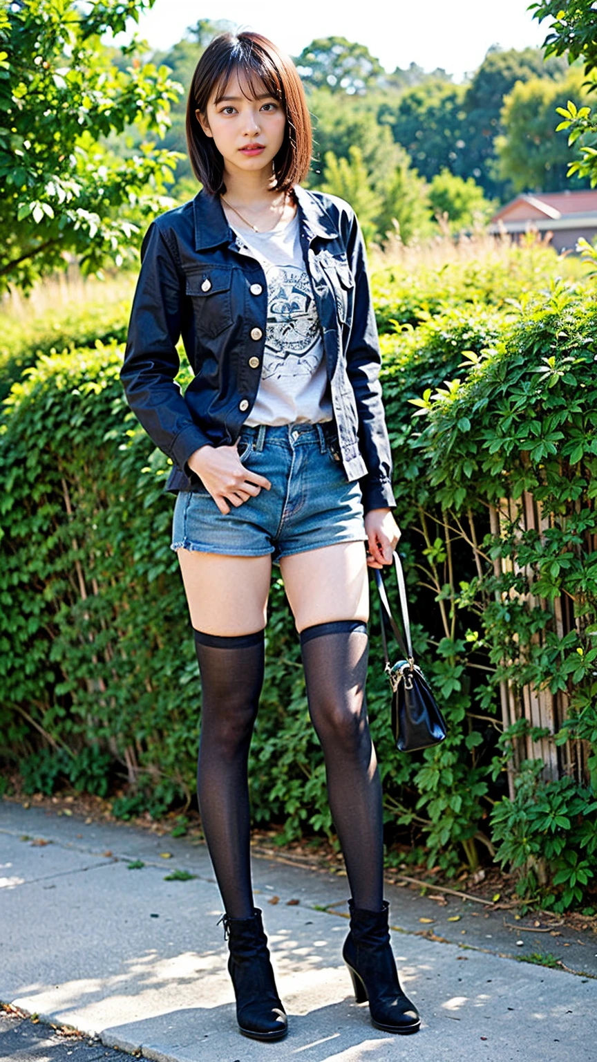 (8K、RAW Photos、Highest quality、masterpiece:1.2)、(Realistic、Realistic)、1 Girl、((Medium Hair、Jacket、Black shorts、tights、boots、Big Breasts、whole body、garden、View from the front、Looking into the camera、Stand with hands on hips))、