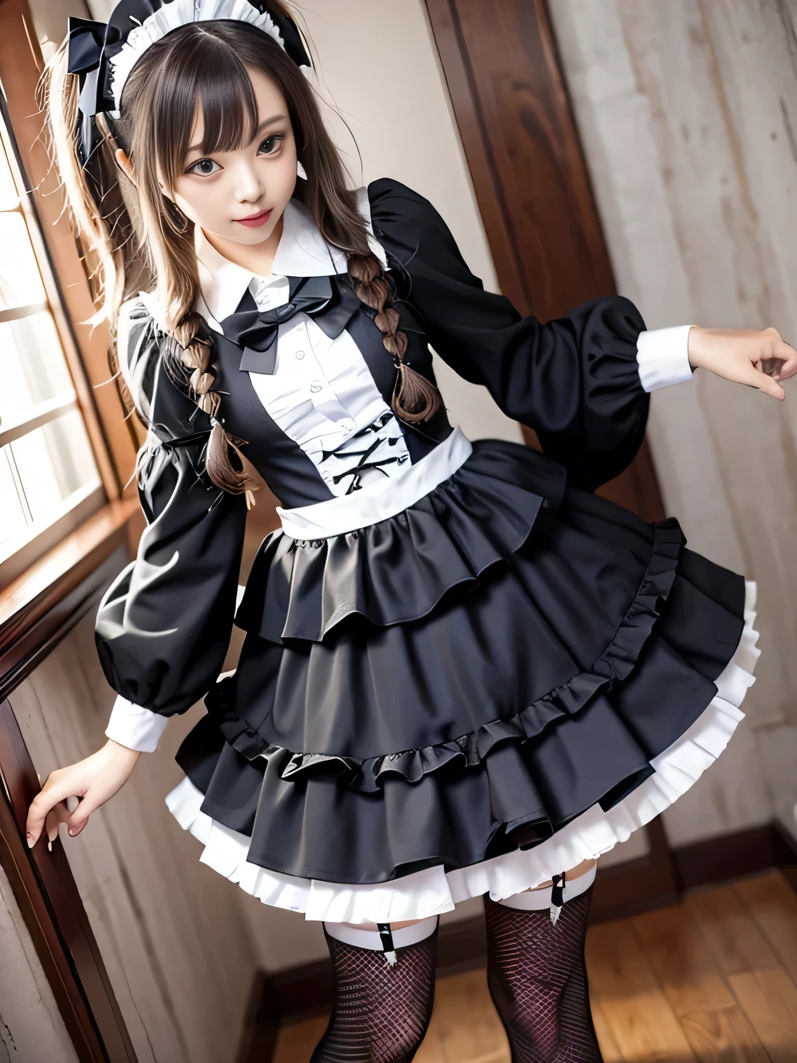 Short Bob、(Full body portrait:1.5)、13歳に見えるVery childishの20歳、Very childish、Slim and flat chested、Small breasts、Highest quality,masterpiece,Ultra-high resolution,(Actual:1.4),Original photo,Ultra-high resolution,8K,There are women,Gothic Lolita Uniform、Maid Costume Cosplay、With confidence, Beautiful and generous,Studio Photo Session、Lifting her skirt to show her panties、