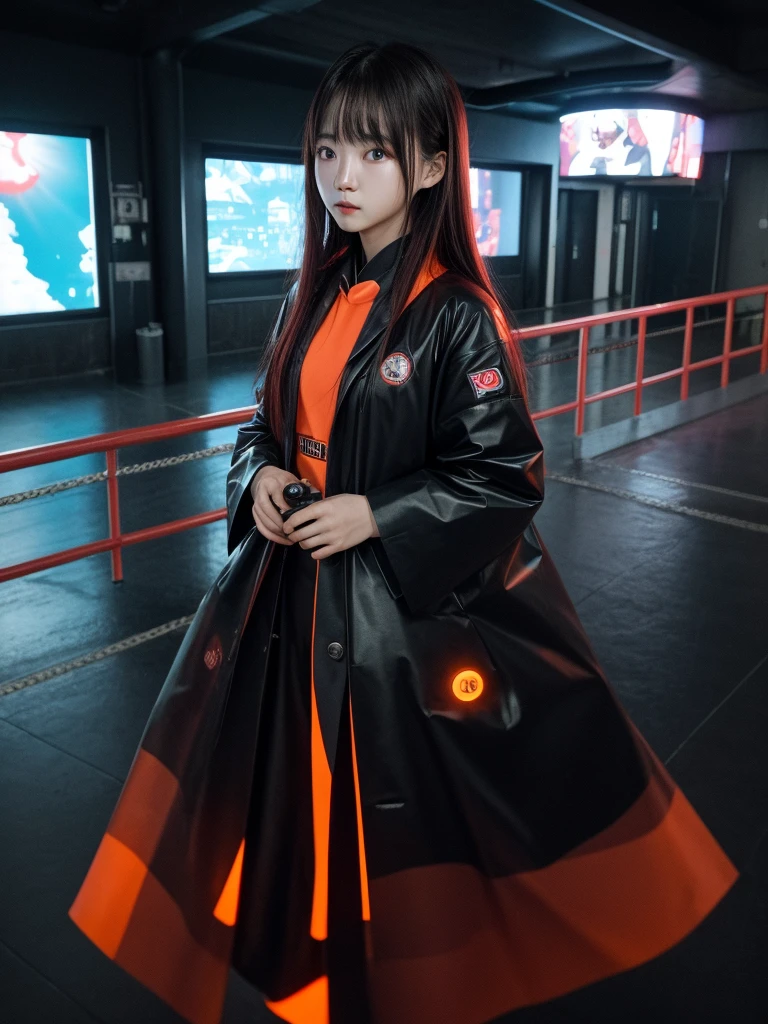 8K, RAW Photos, top-quality, masterpiece: 1.2),fish-eye lens、(((Wide View)))、Inside the station、Station platform、fish-eye lens、look at a camera、Cool pose、Hair disheveled in the wind、fully body photo、Red or orange neon、Cyberpunk movies、Raw photo of beautiful Korean 20 year old woman、Half Face、deep in the night、darkened room、hightquality、More skin、Lustrous skin、clearface、cinema shot、nffsw、foco nítido