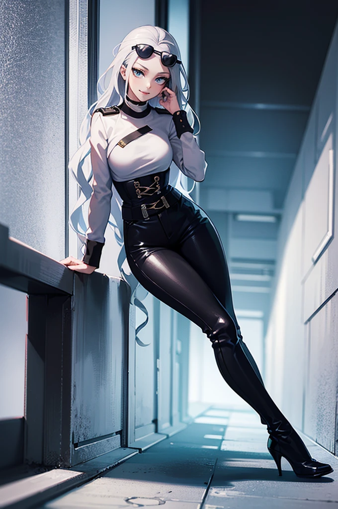 Anime boku no hero academia full body beautiful woman with a seductive look of long wavy white hair bright blue eyes wearing a white blouse with a black corset wrinkled white pants wearing black high heeled boots with black sunglasses modern city wallpaper
