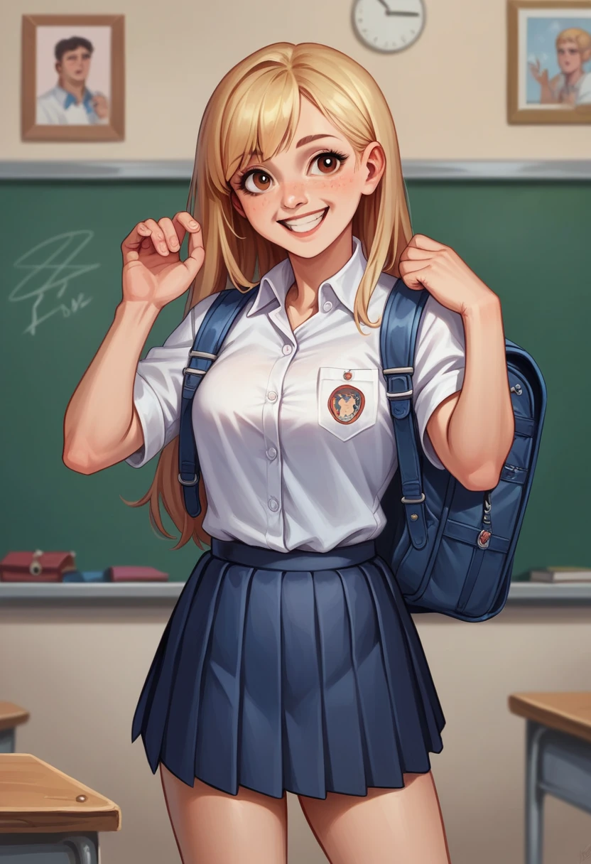 white polo shirts,smiling,vamp,pleated short navy skirts,school backpack,hand up,cute girl,,in classroom,(8k, RAW photo:1.2),detailed face and eyes,best quality,masterpiece ,ultra-detailed,sharp focus, high quality,