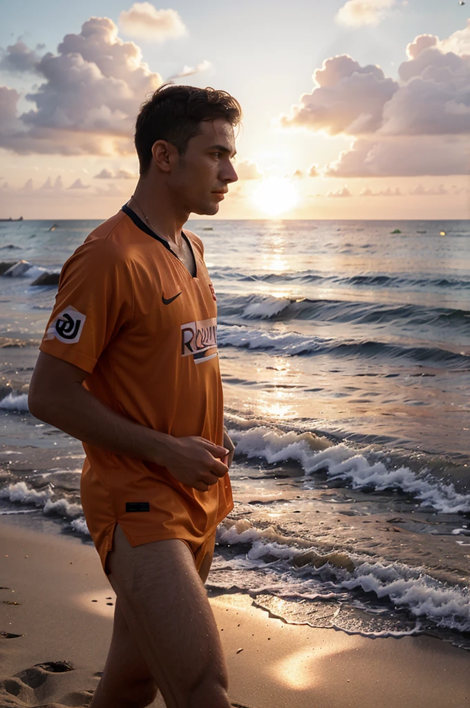 A man walks on the beach, sunset atmosphere, wearing a Barcelona jersey, original and clear photos