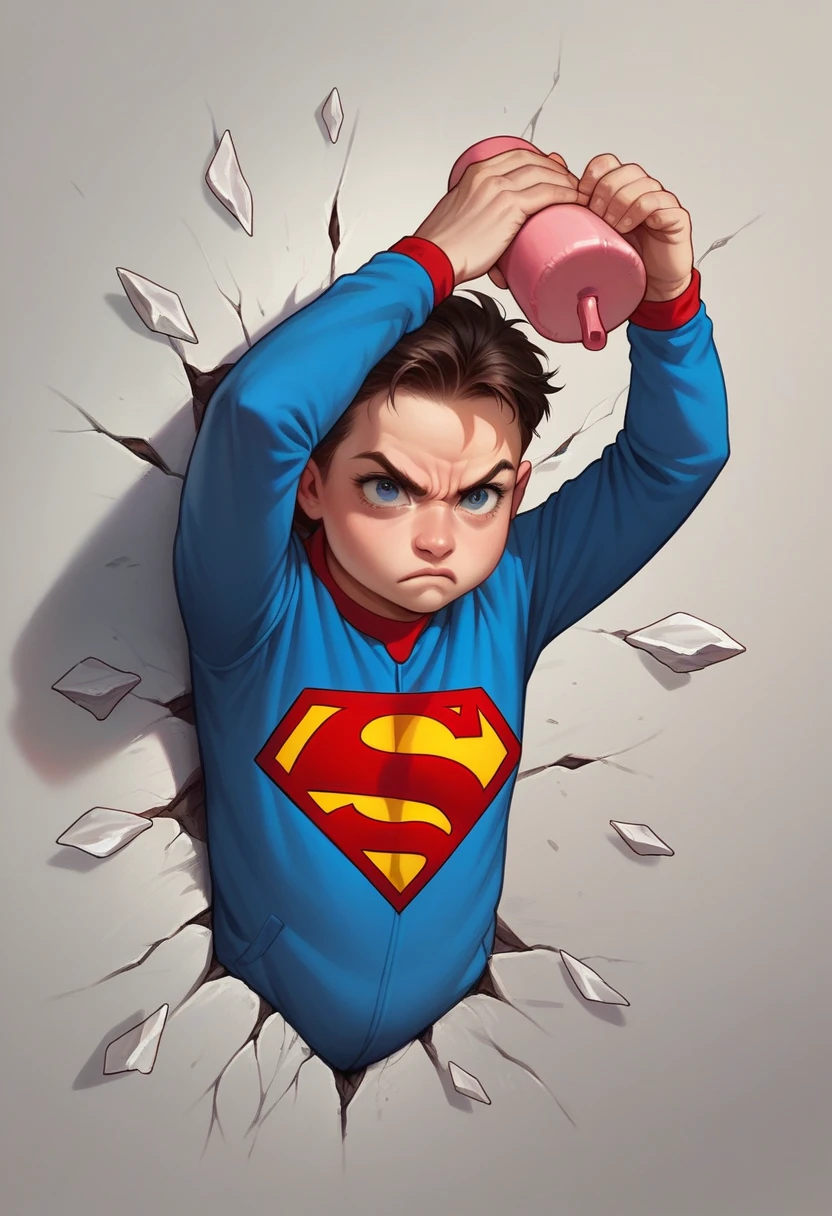 Hyper-realistic, detailed 3D drawing of an angry baby in a Superman onesie spectacularly smashing through a wall with his baby bottle in his hand. Shards fly towards the viewer. The scene is funny and dramatic.