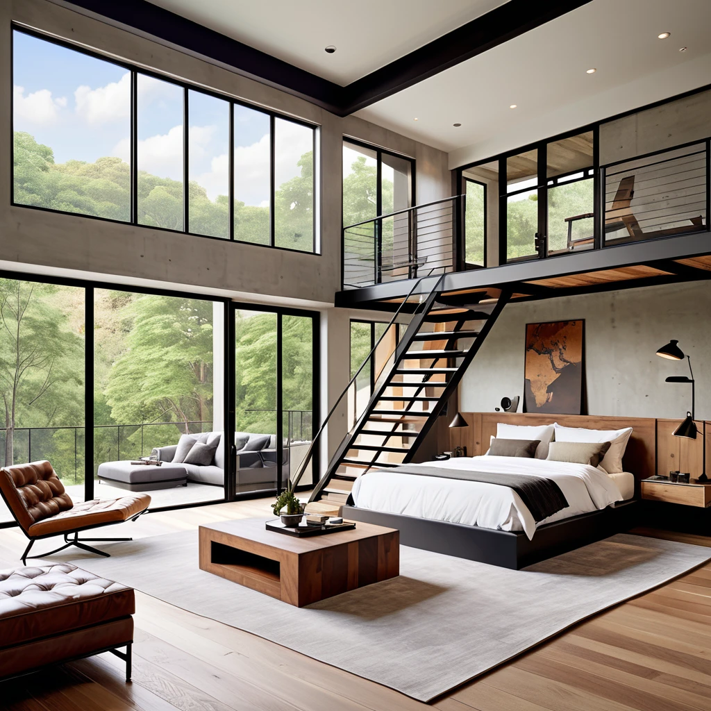 Create a contemporary loft bedroom with a sleek and minimalist design. The lower level should include a comfortable bed and a cozy sitting area with leather butterfly chairs and a small coffee table. A modern staircase leads to an upper loft space with an additional bed. The room should combine concrete and wood textures for a stylish and sophisticated appearance. Large windows and a skylight should provide plenty of natural light, making the space feel open and bright. Incorporate minimalist decor elements to enhance the modern aesthetic.