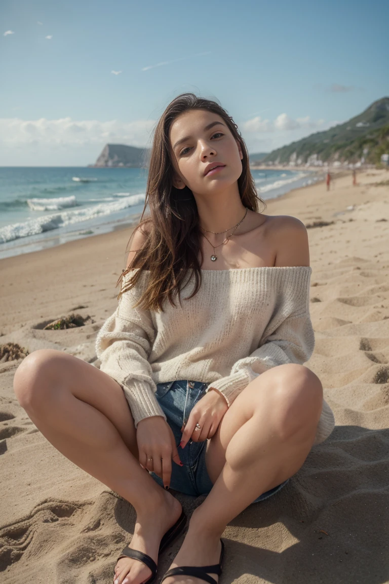 ((best quality)), ((masterpiece)), (Detailed), 1 girl, Off-the-shoulder sweater, Under clear, unpopulated sky, lying on the beautiful beach, View towards the sea, Legs pointing towards the sea, short denim, natural face with small chain around the neck,black sandals, red long nails