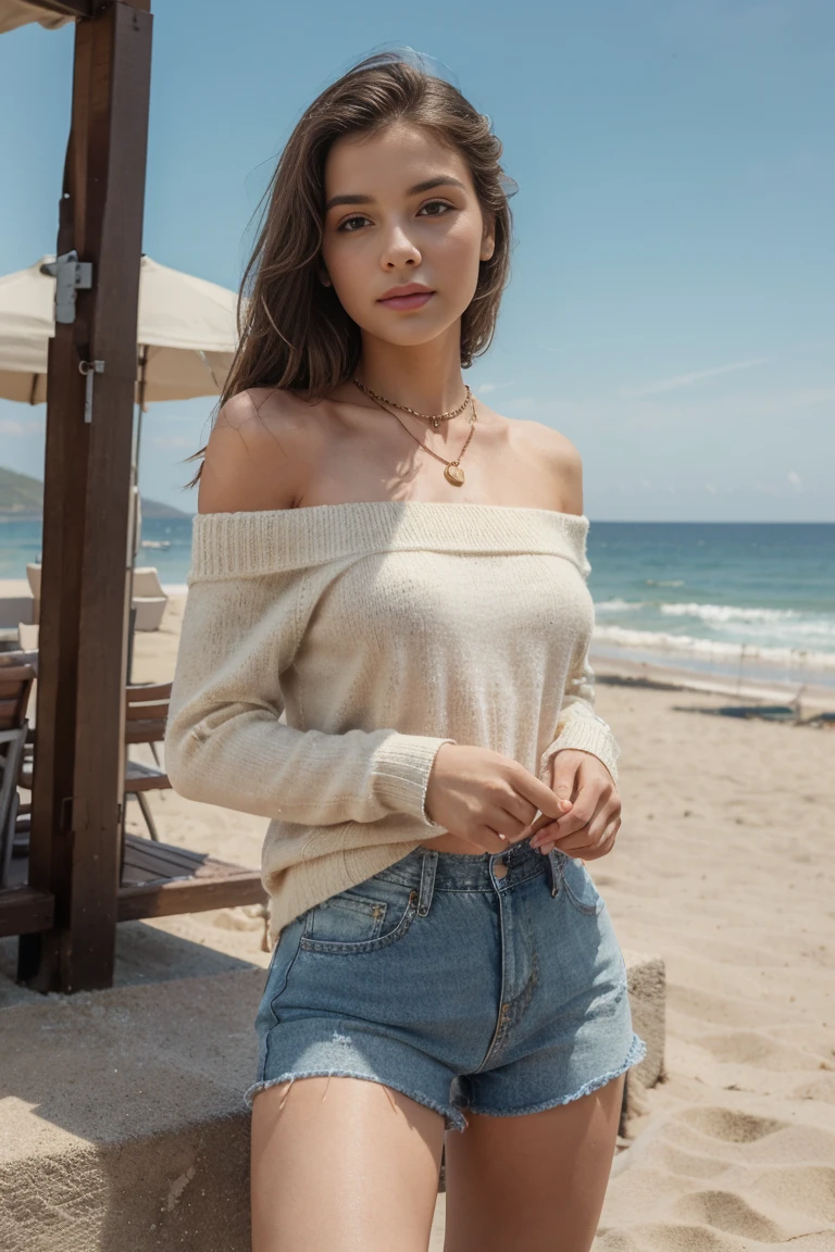 ((best quality)), ((masterpiece)), (Detailed), 1 girl, Off-the-shoulder sweater, Under clear, unpopulated sky, lying on the beautiful beach, View towards the sea, Legs pointing towards the sea, short denim, natural face with small chain around the neck,black sandals, red long nails