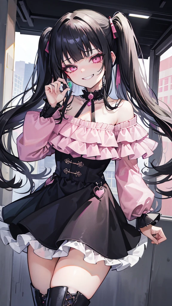 (8K、Highest image quality、highest quality、masterpiece)、detailed face、1 girl、black hair、long hair、twintails、blunt bangs、pink eyes、evil smile、((grin))、earringoderate chest、pink clothes、frills、((off shoulder))、black mini skirt、cowboy shot、burnig downtown background,evil huge laugh,lipstick,sadistic smile,deep shaded face,,smile worst,worst ridecule,evil moukery,,,two hands,five fingers,thighhigh boots,