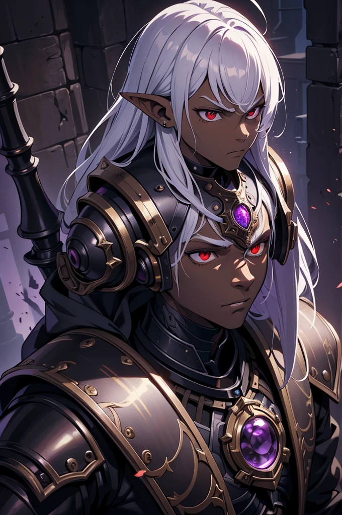 masterpiece, best quality, ultra high res, dark theme, 1boy, (dungeonpunk armor), (mechanical steampunk armor), (wearing armor), fantasy illustration, dark skinned, human, upper body, portrait, red eyes, long white hair, half-drow, pointy ears, serious face, young man, dramatic lighting, purple hue, art by Kinema Citrus