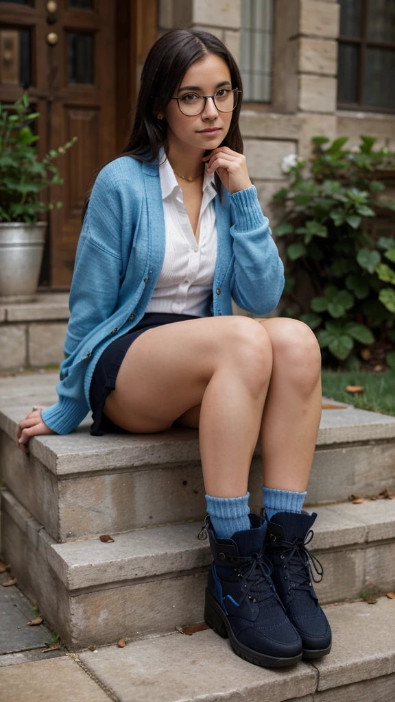 a woman sitting on a stone step wearing glasses and a blue cardigan sweater and black mini skirt with a white collar pet, academic art, , a character portrait, professional photo