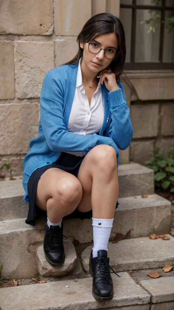 a woman sitting on a stone step wearing glasses and a blue cardigan sweater and black mini skirt with a white collar pet, academic art, , a character portrait, professional photo