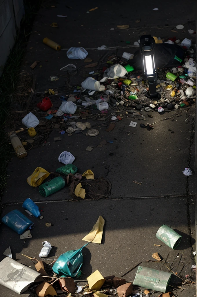 A spotlight shines on a garbage 