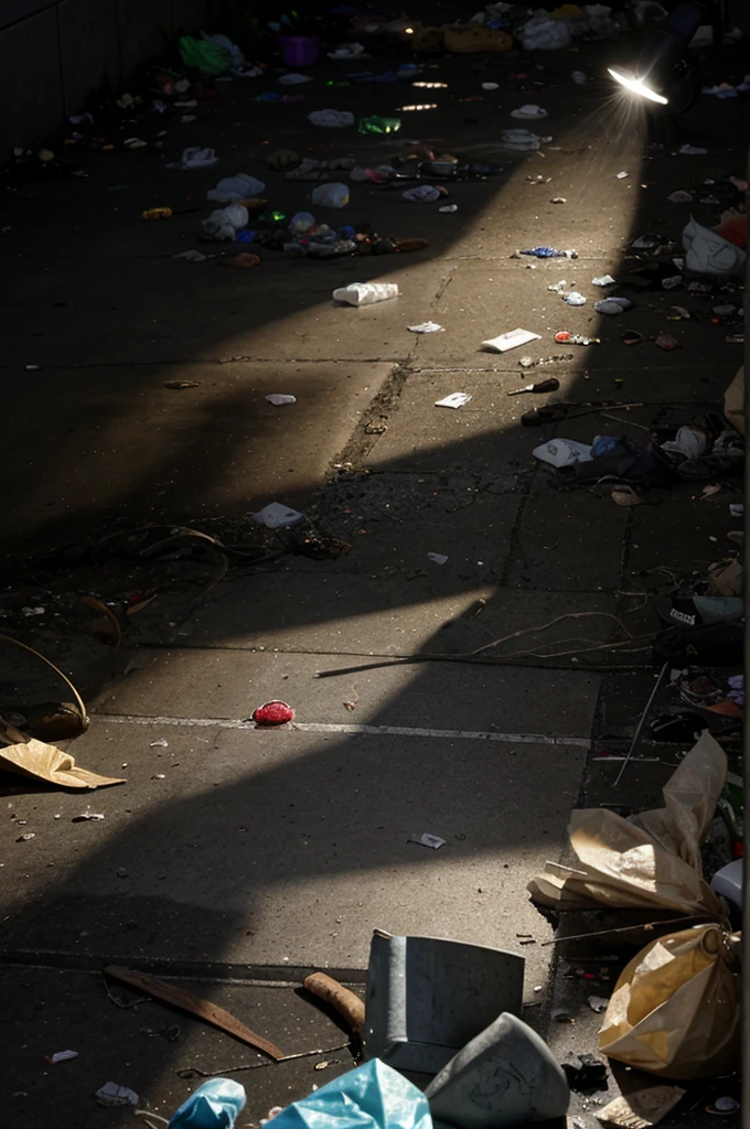 A spotlight shines on a garbage