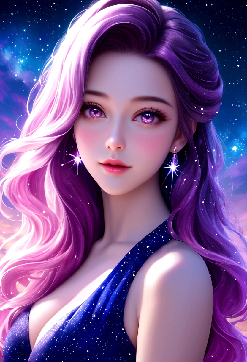 High Detail, Super Detail, Ultra-high resolution, Girl enjoying time in fantasy galaxy, Surrounded by stars, The warm light shines on her, Background is starry sky，There are colorful galaxies and galaxy clouds, Stars flew around her, Delicate face, Add a fun atmosphere , 