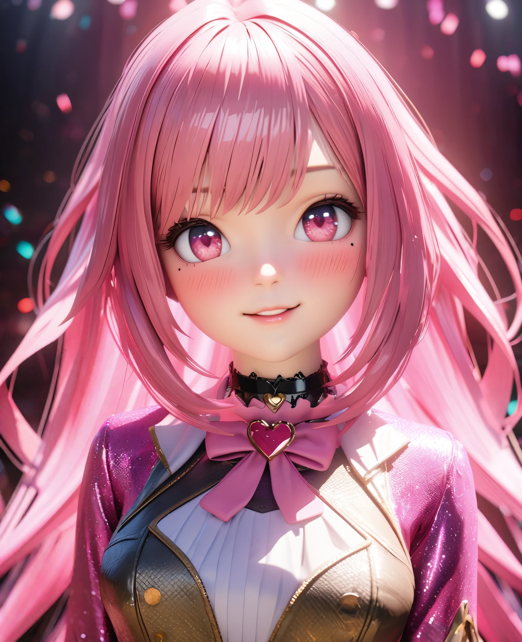 masterpiece,highest quality, Very detailed, High resolution, expensive resolution, High resolution, 4K, 8k, unity 8k wallpaper, Very detailed CG, masterpiece,  2D, 3D, Beautiful details, depth, Fine texture , highest quality: 1.3, Fully focused, Crispy.skin, .he,
Very cute anime girl 、idol, bikini、Large Breasts、Pink medium-long hair wearing expensive ,  Mole under the eye, looking at the viewer , expensive , blush, Mole, Lips parted,  Pink Eyes, Heart-shaped choker smile