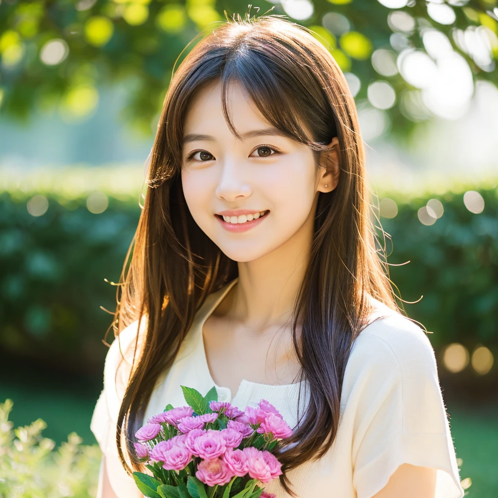 Create an image of a young woman around 25 years old, inspired by the provided image. The woman should have long, flowing hair and a gentle smile, holding a bouquet of flowers similar to the one in the reference. The setting should be a beautiful outdoor environment with greenery in the background, reminiscent of a sunny day. The woman should have a slightly more mature appearance while maintaining a warm and friendly expression. Ensure the lighting and color tones are soft and natural, highlighting her youthful yet mature beauty.