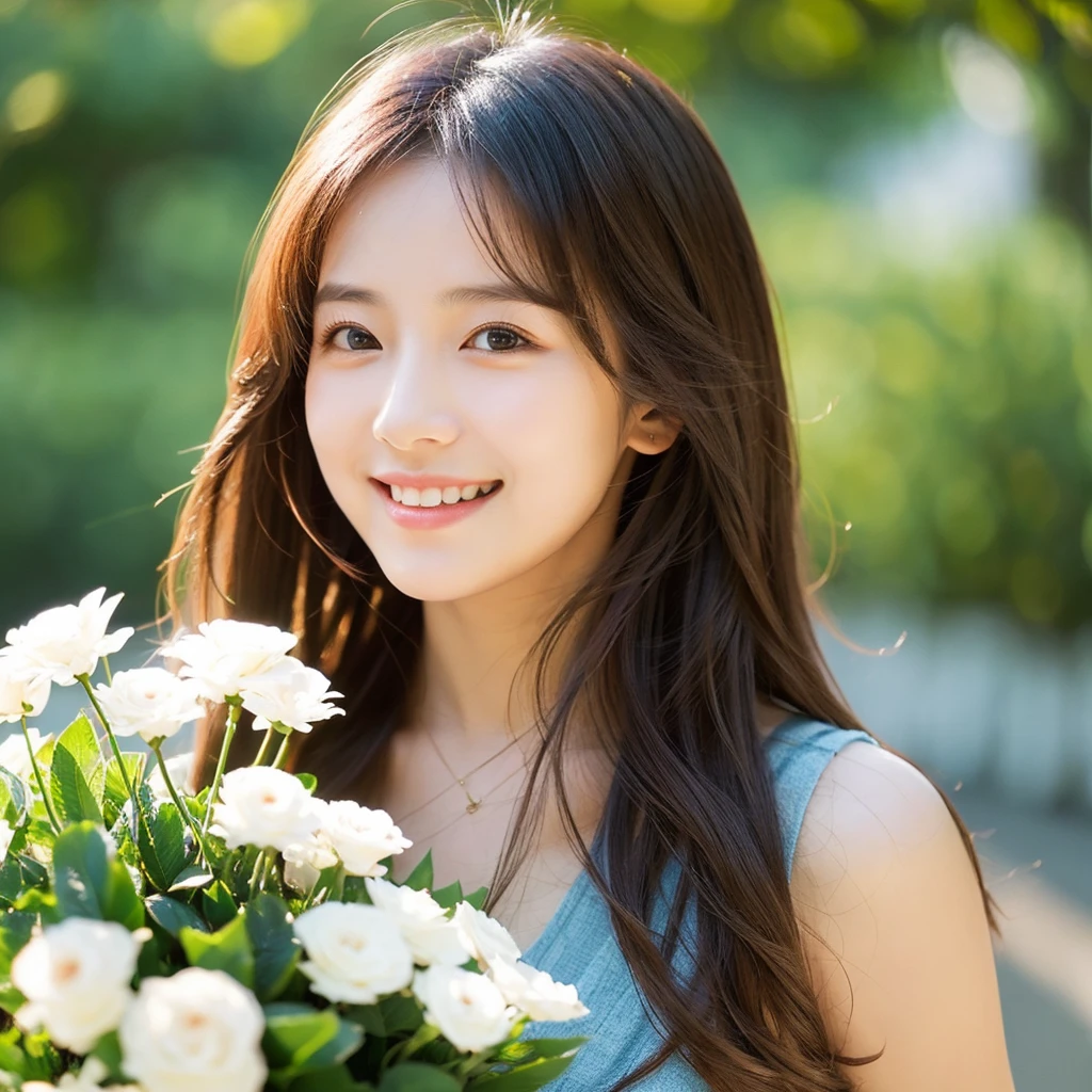 Create an image of a young woman around 25 years old, inspired by the provided image. The woman should have long, flowing hair and a gentle smile, holding a bouquet of flowers similar to the one in the reference. The setting should be a beautiful outdoor environment with greenery in the background, reminiscent of a sunny day. The woman should have a slightly more mature appearance while maintaining a warm and friendly expression. Ensure the lighting and color tones are soft and natural, highlighting her youthful yet mature beauty.
