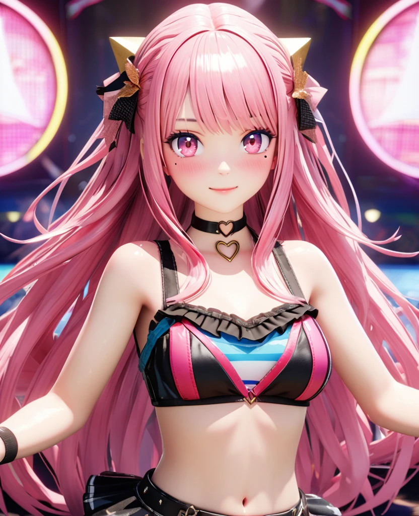 masterpiece,highest quality, Very detailed, High resolution, expensive resolution, High resolution, 4K, 8k, unity 8k wallpaper, Very detailed CG, masterpiece,  2D, 3D, Beautiful details, depth, Fine texture , highest quality: 1.3, Fully focused, Crispy.skin, .he,
Very cute anime girl 、idol, bikini、Large Breasts、Pink medium-long hair wearing expensive ,  Mole under the eye, looking at the viewer , expensive , blush, Mole, Lips parted,  Pink Eyes, Heart-shaped choker smile