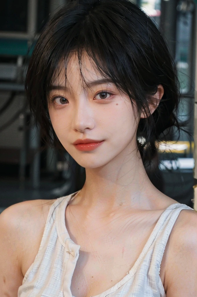 1 girl，short hair,A faint smile,serene, calm,Vest，Moles under the eyes,Exquisite eyes, Delicate face,Lipstick,earrings,Hair details, (Large Breasts:1.0),outdoor,Seaside background，seaside，(Skin details:1.4),(Realistic and detailed eyes：1.2）, Natural skin texture, Realistic facial details,Close-up of face,Portrait Photography,(Portrait Photography:1.1), (smooth skin textures:1.3), (Highest quality real skin textures:1.4), Direct vision,Soft dramatic lighting, Vivid details, 35 mm film, (Photo Practical:1.4), (hyper Practical:1.4), (Practical:1.3), (Smoother lighting:1.05), (Improve lighting quality:0.9), (Enhance the beauty of skin texture:1.1), Depth of Field, Bokeh, Surrealism, Ray Tracing, ( Surrealism, High Detail, Chiaroscuro, Ray Tracing, reflected light, Ultra HD, Ultra HD, masterpiece, Textured Skin, Super Detail, High Detail, high quality, best quality