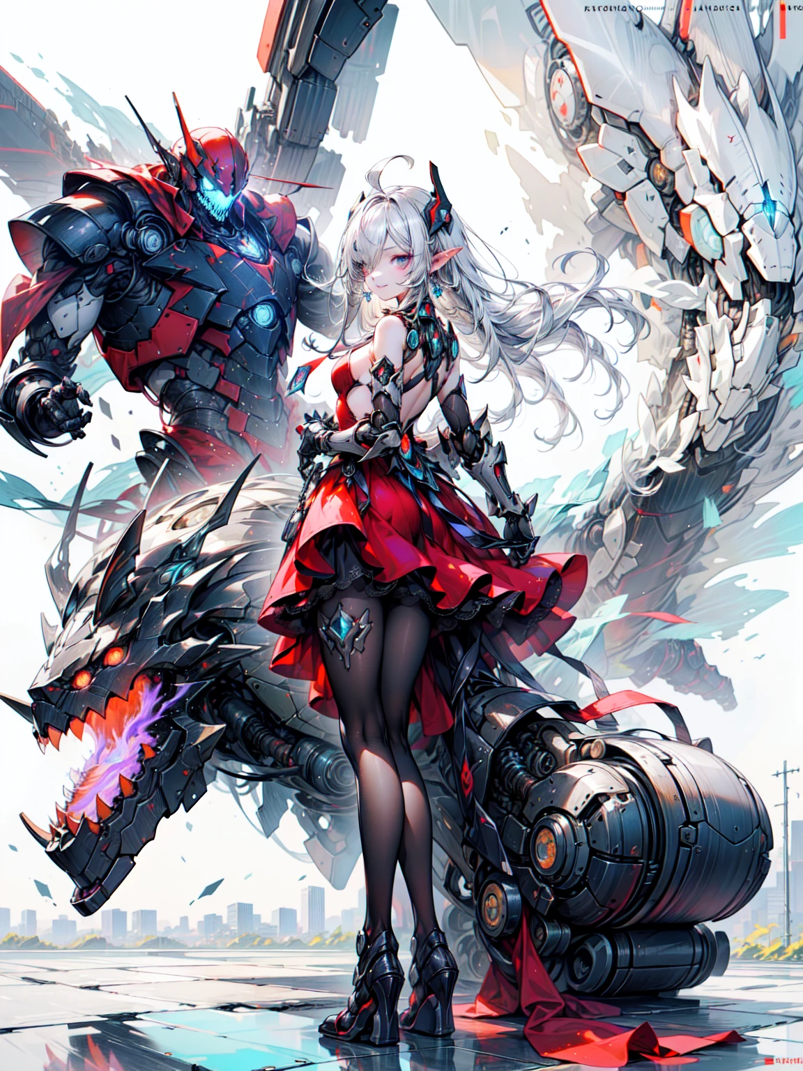 super high quality、8K quality、High resolution、Image quality captured with a single-lens reflex camera、(SFW)、Perfect Anatomy、(Red Dress Girl Theme）Beautiful Mecha Girl、A 20-year-old girl with beautiful ブラック hair and medium bob.Orange eyes、(Good shape、Normal chest、Cleavage)、3d, Realistic black machine parts、(Real Mechanical Unit)、Blake、(Wearing a red dress:1.4)(Mechanical parts below the elbows and knees)、Blake、（Perfect Anatomy:1.4）、Blake、(Back view、smile、avert your eyes:1.3)（whole body）(melt Effect、marble、melt:1.2)（Monochrome City、rooftop:1.2）(Red Moon:1.2)(Mad Apple.Hold in hand:1.2)、Machine Armor、Organic Armor Cyborg、Armor Texture、Blake、(Dark Elf), (1 Girl), alone, Perfect Face, Get used to it, Ahoge, ((Long Hair:1.2)), (Hair above one eye:1.3), [[Messy Hair]], Shiny blonde white hair, Purple eyes, Variegated eyes, Colorful Hair, Shining Eyes, (eyelash, eye shadow, pink eye shadow), bright, smile, Design Art：haruhiko mikimoto, by Kawashi, By Yoshitaka Amano, Dark Skin